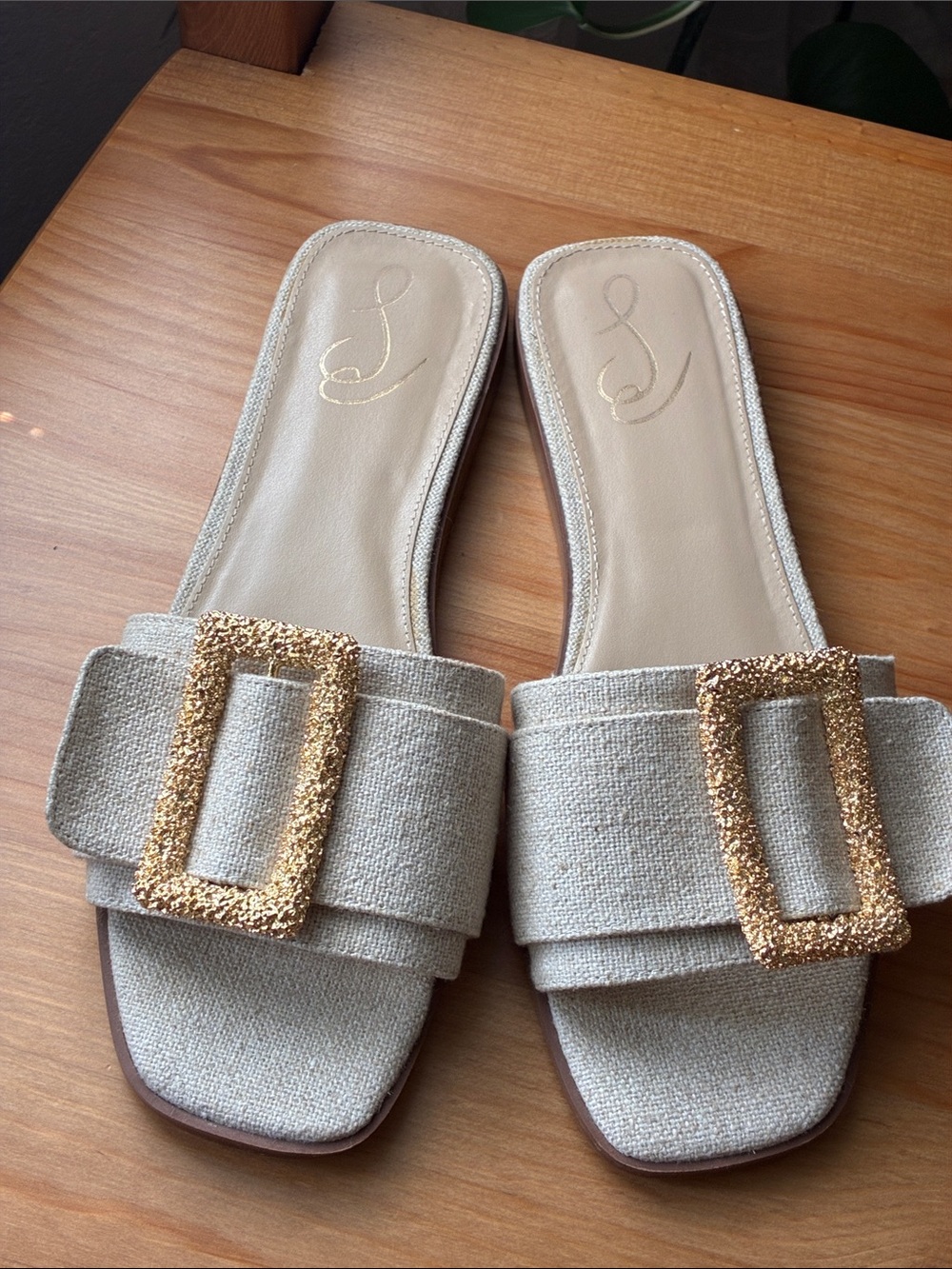 Neutral Beige Slide Mules with Gold Buckle - Picture 10 of 12